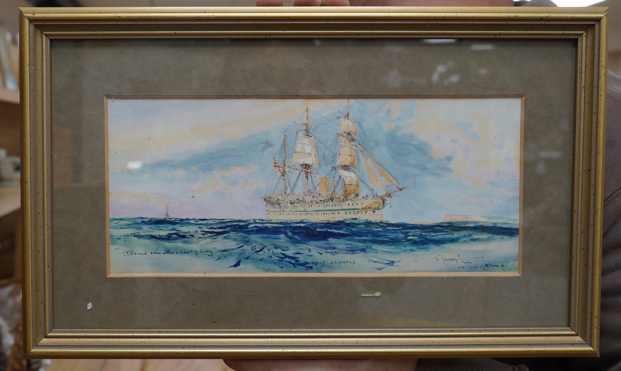 Charles Dixon (1872-1934), Maritime watercolour and ink, 'Bound Somewhere's East of Suez, HMIT Serapis', signed and inscribed 'To Gengey from old Chas Xmas 30', 12.5 x 29cm. Condition - fair